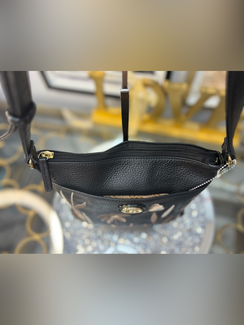 Tignanello Black Floral Embroidered Leather Crossbody Bag NWOT - Picture 5 of 14